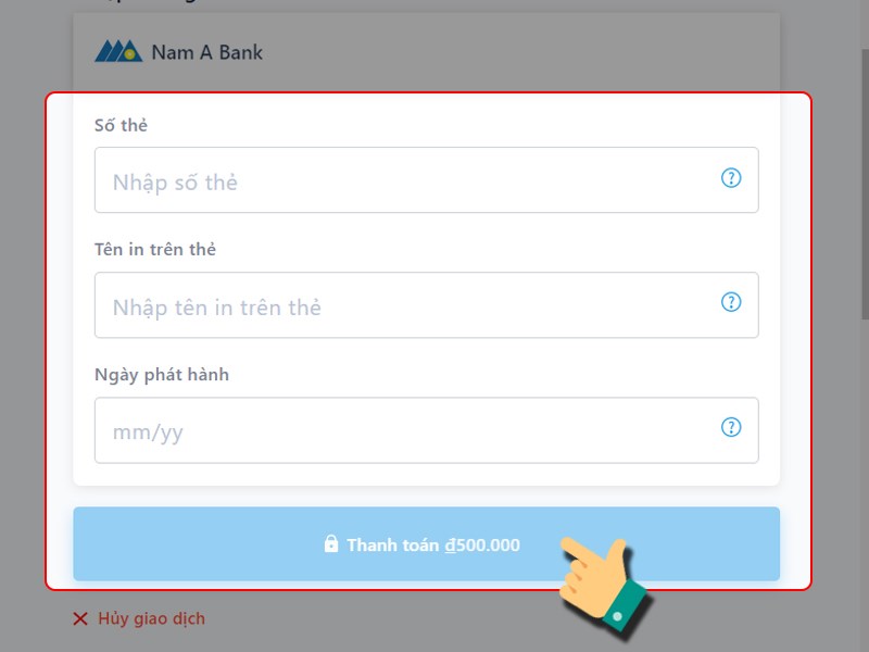 Nhập th&ocirc;ng tin thẻ ATM