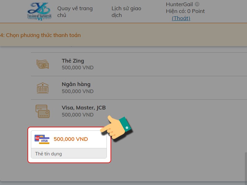 Nhấn v&agrave;o gi&aacute; trị nạp thẻ t&iacute;n dụng
