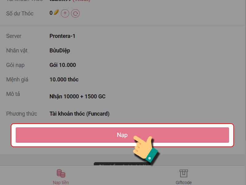 Nhấn v&agrave;o Nạp