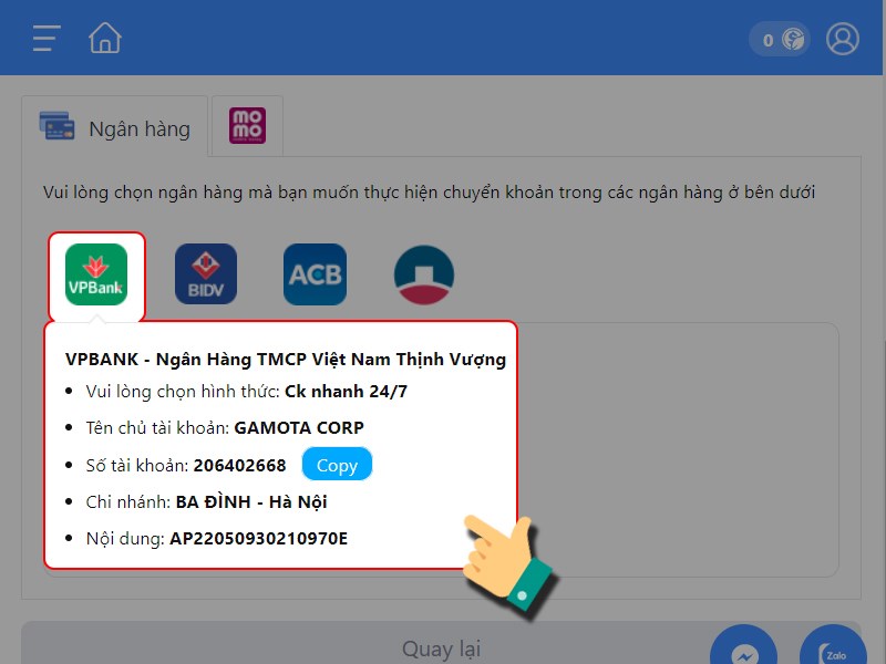 Chọn ng&acirc;n h&agrave;ng v&agrave; chuyển khoản theo th&ocirc;ng tin ở dưới