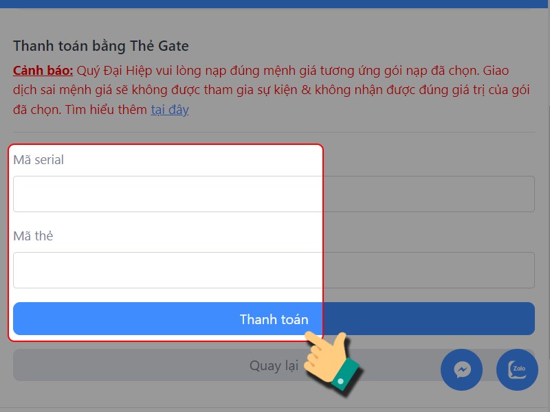 Nhập th&ocirc;ng tin thẻ GATE