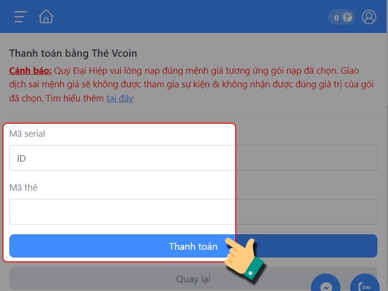 Nhập th&ocirc;ng tin thẻ Vcoin