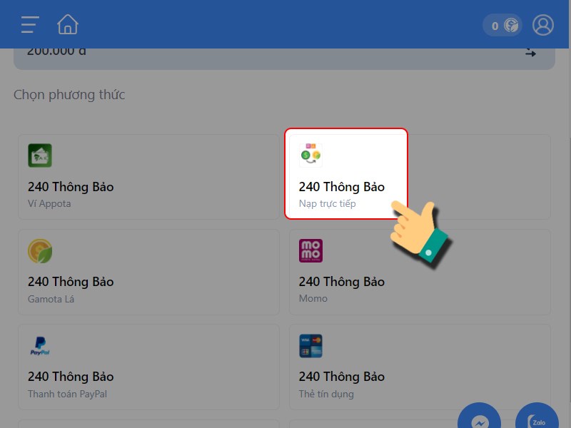 Thanh to&aacute;n bằng c&aacute;ch nạp trực tiếp