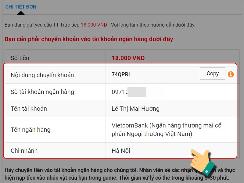 Chuyển khoản theo th&ocirc;ng tin tr&ecirc;n m&agrave;n h&igrave;nh thanh to&aacute;n