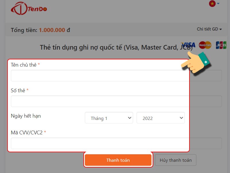 Điền th&ocirc;ng tin thẻ thanh to&aacute;n