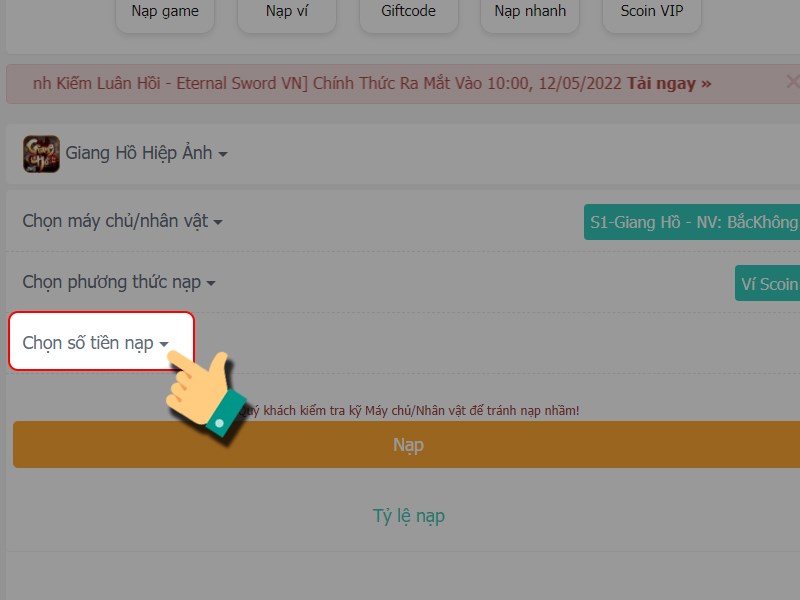 Chọn số tiền cần nạp