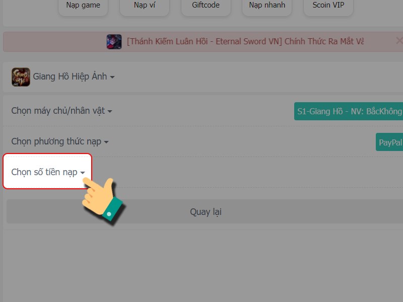 Chọn số tiền nạp