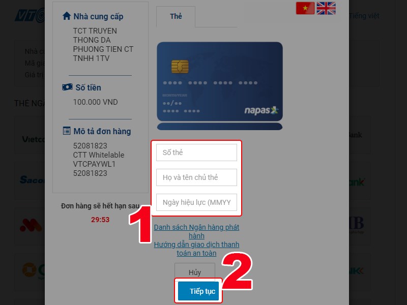 Điền th&ocirc;ng tin thẻ