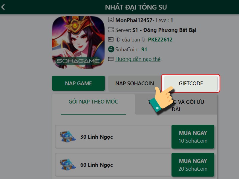 Tiếp tục nhấn vào Giftcode