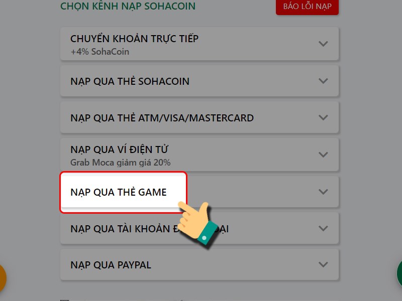 Chọn nạp bằng thẻ game