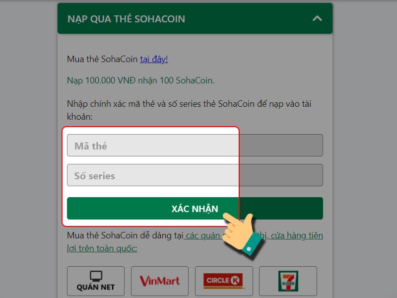 Nhập thông tin thẻ SohaCoin của bạn