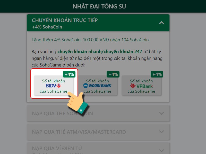 Chọn ngân hàng SohaGame bạn muốn chuyển đến