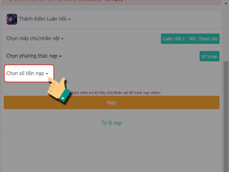 Chọn số tiền nạp