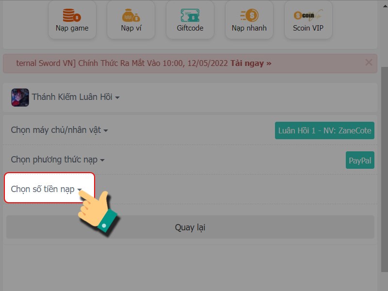 Chọn số tiền nạp
