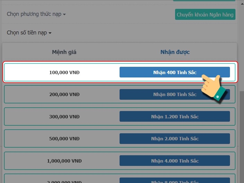 Chọn g&oacute;i nạp