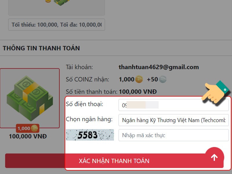 Nhập đầy đủ c&aacute;c th&ocirc;ng tin số điện thoại, m&atilde; x&aacute;c thực, ng&acirc;n h&agrave;ng