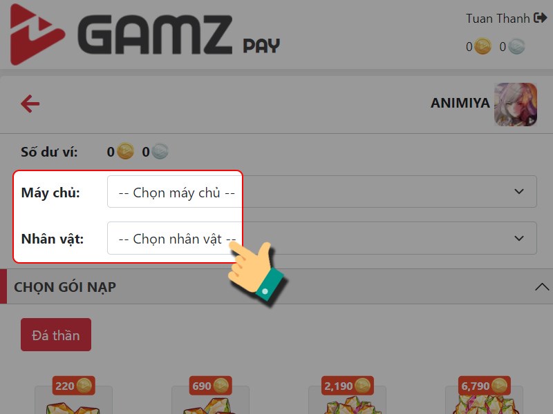 Chọn nh&acirc;n vật nạp thẻ
