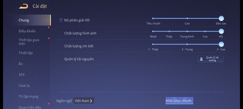 Thiết lập đồ họa trong game Li&ecirc;n Qu&acirc;n Mobile để test pin Xiaomi 11T Pro 5G