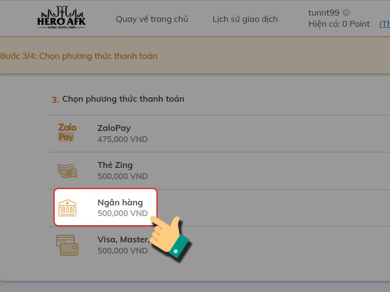 Chọn phương thức nạp qua ngân hàng