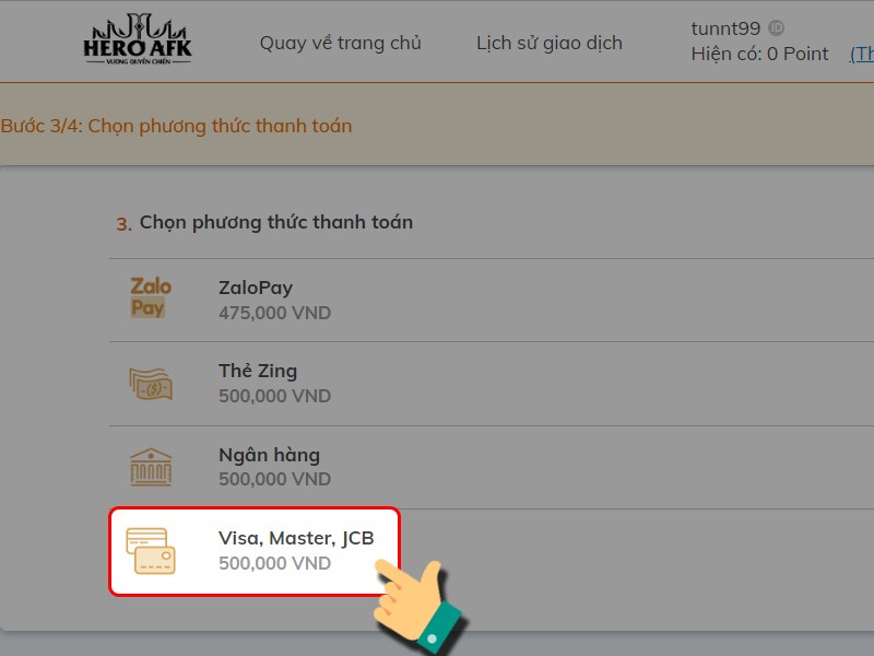 Chọn phương thức nạp