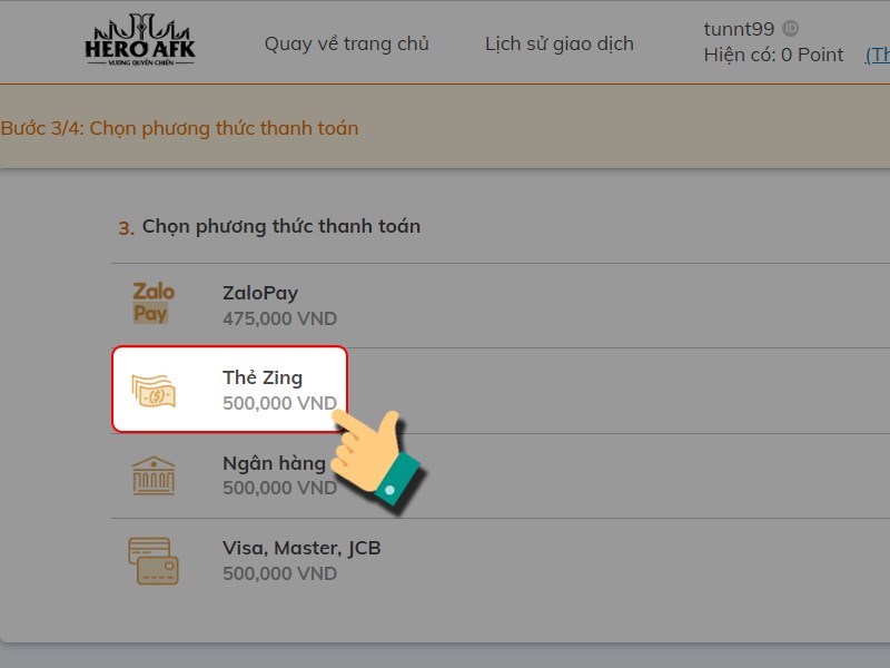 Chọn phương thức thẻ Zing