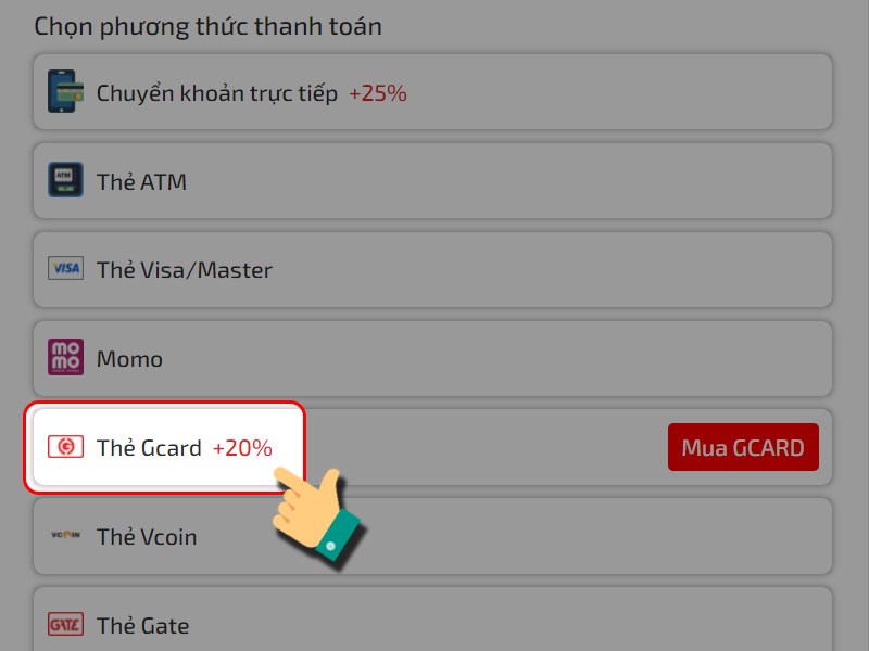 Chọn phương thức nạp