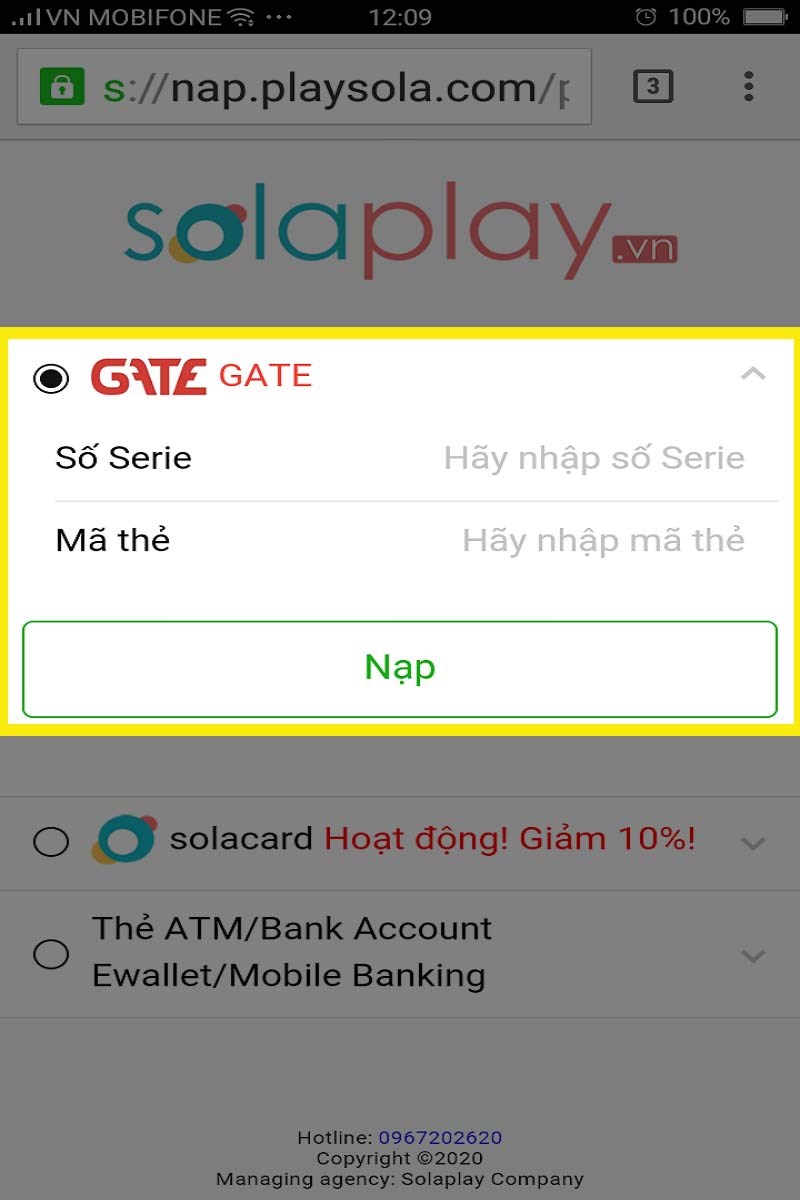 Nạp bằng thẻ GATE