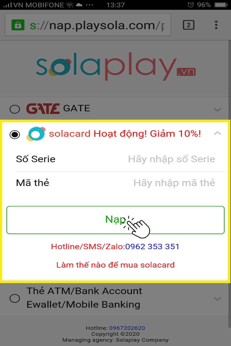 Nạp bằng thẻ Solacard