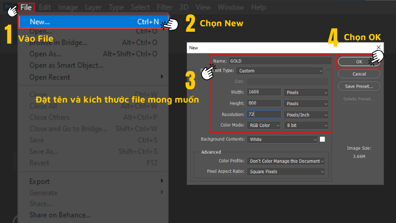 File > New > Thiết lập kích thước file