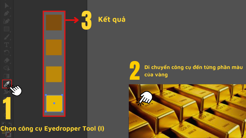  Chọn công Eyedropper Tool (I) lấy màu cho 4 ô từ ảnh thỏi vàng.