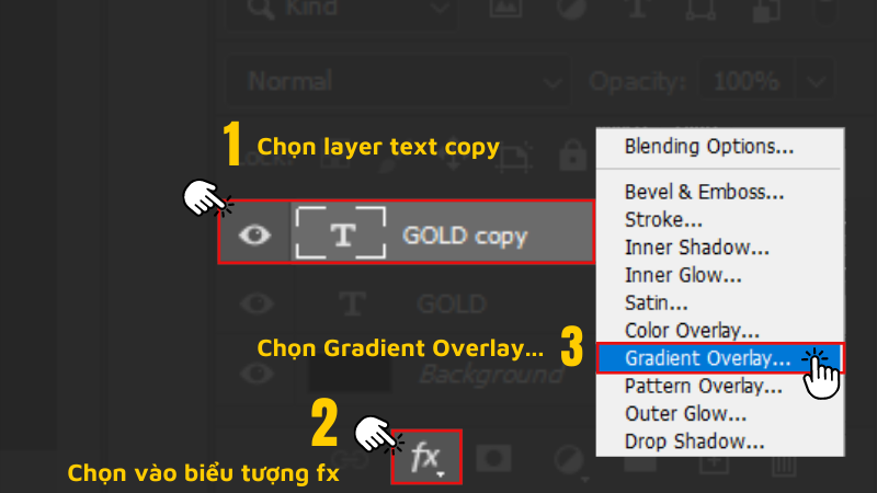 Chọn layer text copy > Nhấn fx > Chọn Gradient Overlay...