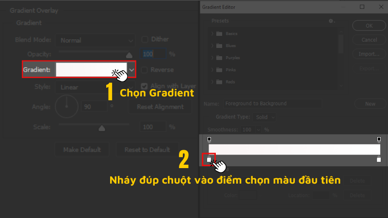 Chọn Gradient > Cửa sổ Gradient Editor hiện ra > Nháy đúp chuột vào điểm chọn màu đầu tiên của thanh màu.