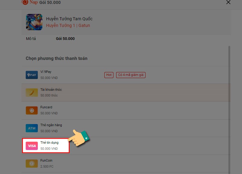 Chọn phương thức thẻ t&iacute;n dụng