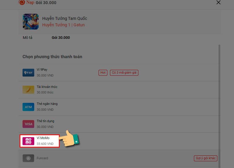 Chọn phương thức MOMO