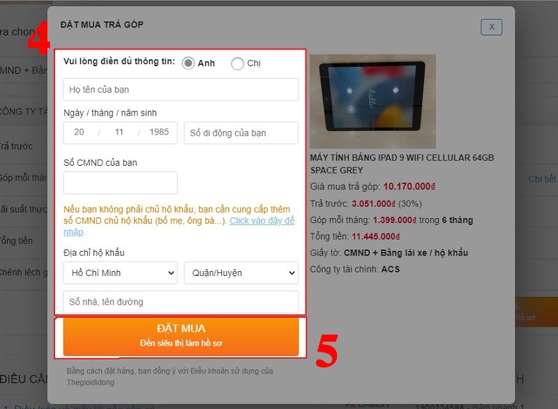 Điền đầy đủ thông tin và chọn Đặt mua