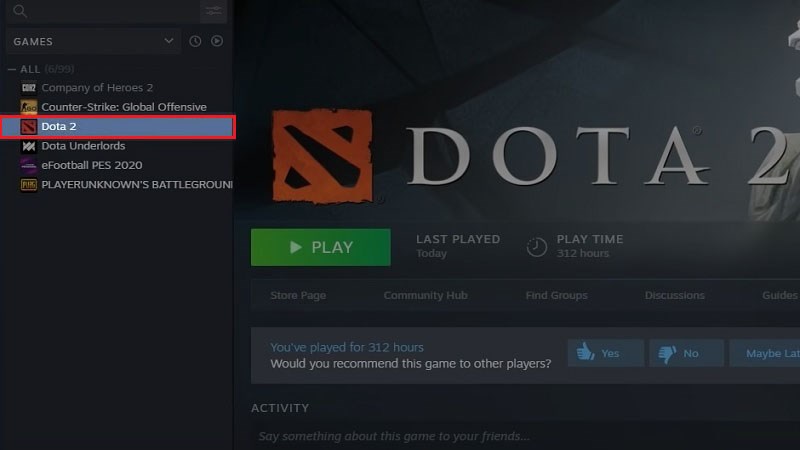 Chọn game Dota 2 trong Steam Games Library