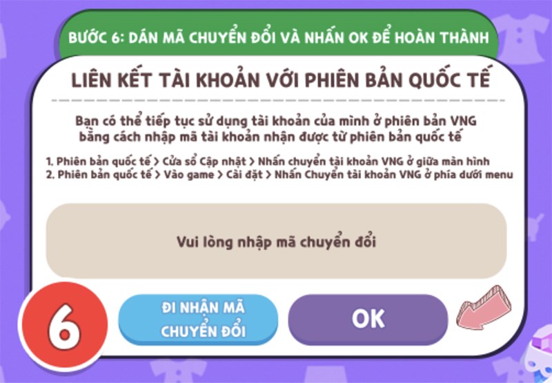 Bước 6: Dán mã chuyển đổi theo hướng dẫn và nhấn OK để bắt đầu