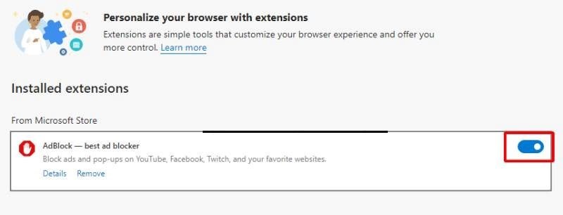 Tắt AdBlock trong Microsoft Edge