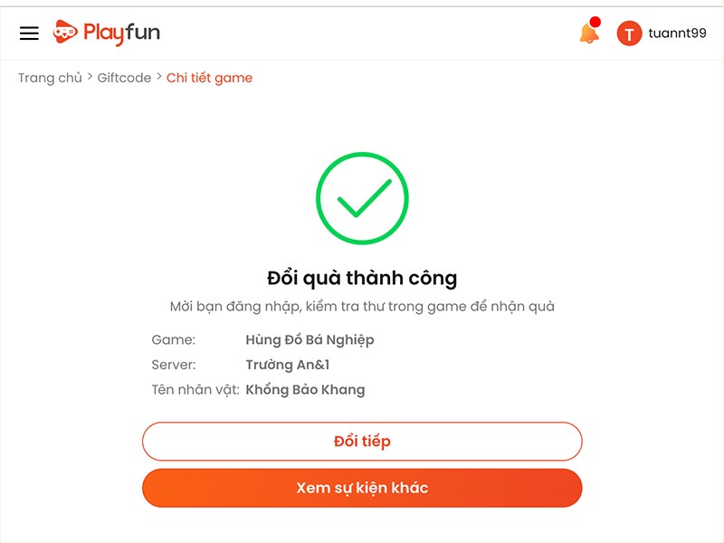 Nhập code thành công