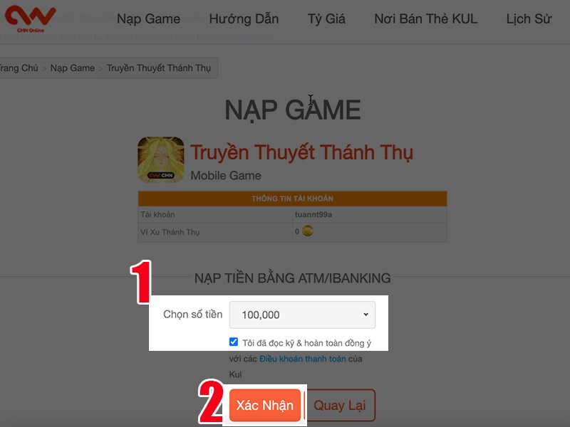 Tiếp tục chọn số tiền nạp