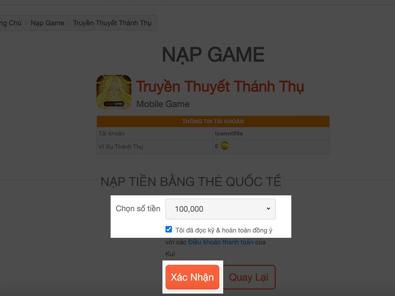 Chọn mức tiền nạp