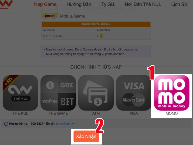 Chọn h&igrave;nh thức thanh to&aacute;n qua MOMO