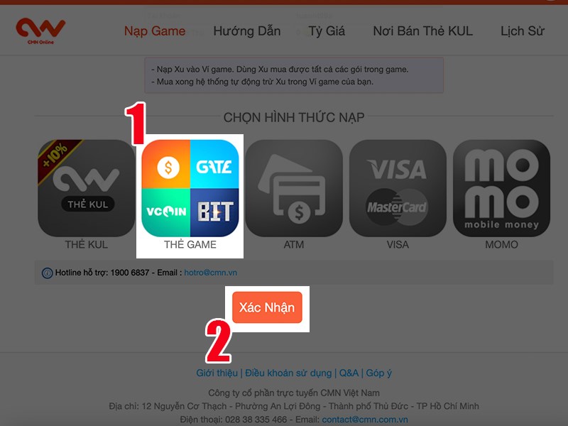 Chọn h&igrave;nh thức thanh to&aacute;n thẻ game