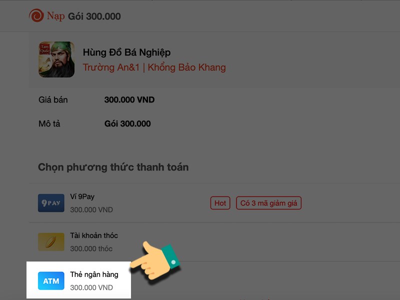 Chọn thanh toán qua thẻ ngân hàng