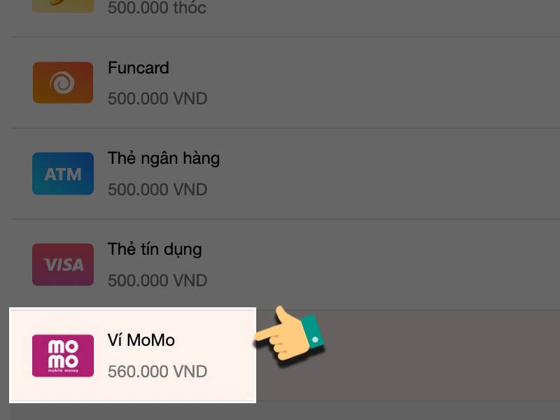 Chọn thanh toán qua MOMO