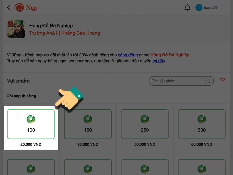 Chọn gói nạp