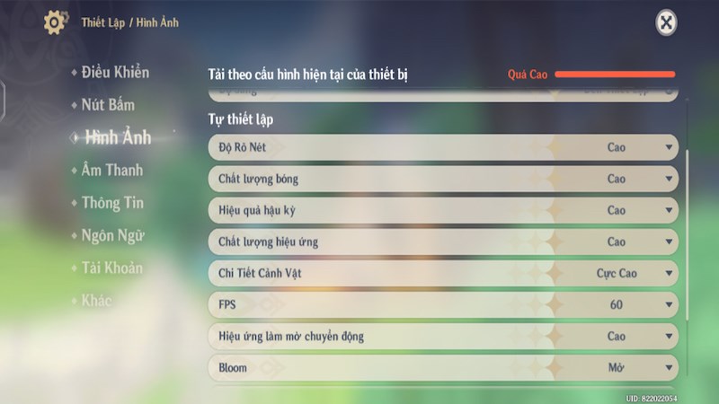 Thiết lập mức đồ họa cao nhất với tựa game Genshin trên Vivo X80