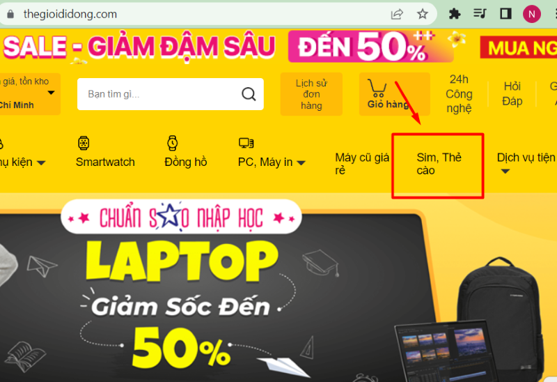 Chọn mục Sim, thẻ cào