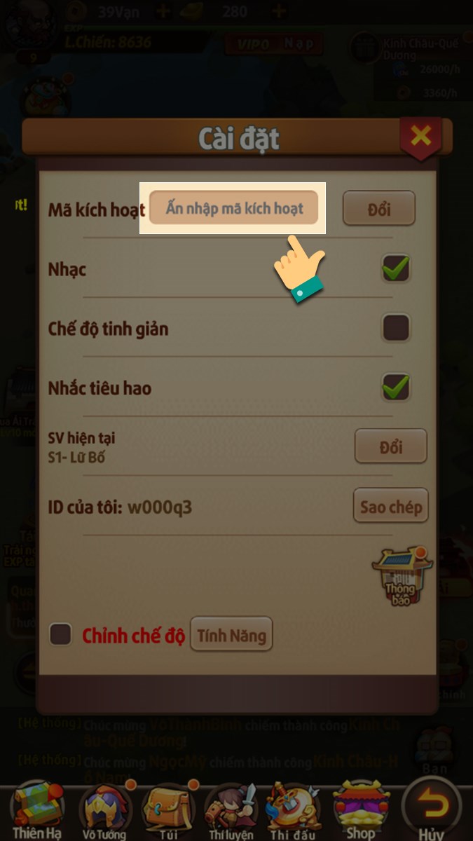 Điền code vào ô nhập code