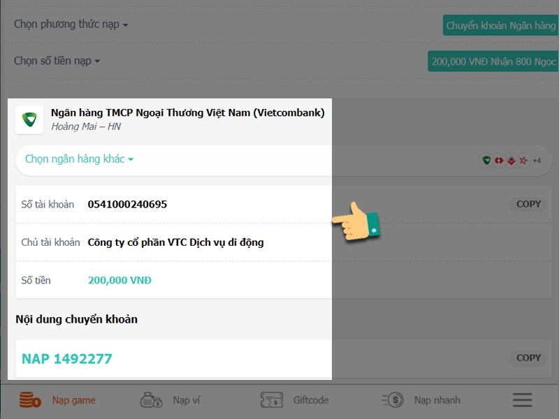 Chuyển khoản theo th&ocirc;ng tin